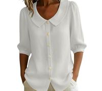 Cotton Tops For Women Uk Peter Pan Collar Button-Down Blouses 3/4 Puff