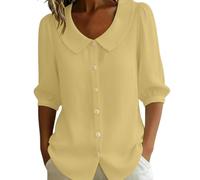 Cotton Tops For Women Uk Peter Pan Collar Button-Down Blouses 3/4 Puff