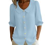 Cotton Tops For Women Uk Peter Pan Collar Button-Down Blouses 3/4 Puff | Sleeve V-Neck Top Casual Elegant Shirt Lightweight Breathable Loose Fit Summer Tops Workwear And Daily Wear
