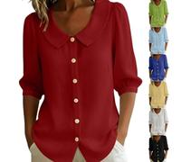 Cotton Tops For Women Uk Peter Pan Collar Button-Down Blouses 3/4 Puff | Sleeve V-Neck Top Casual Elegant Shirt Lightweight Breathable Loose Fit Summer Tops Workwear And Daily Wear