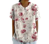 Cotton Tops For Women Uk,Summer Blouses For Women Uk Plus Size Cotton Linen Ladies Tops Back Button Closure T-Shirts Round Lapel Neck Floral Top Tee Short Sleeve Casual Loose Shirts,Xxl,Hot Pink-C