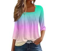 Cotton Tops Plus Size A Solid Color T Shirt with A Square Neck for Ladies A Casual Pleated Loose and Flowing Three Quarter Sleeve Top Comfy Womens Fashion Blouse Ladies Shirts Size 18 Mint Green