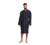 Cotton Trend Mens Navy Blue Stripe Waffle Dressing Gown 100% Turkish Cotton Lightweight Robe With Kimono Collar Bathrobe Luxury Soft Hotel Quality Knee Length Robe Loungewear M