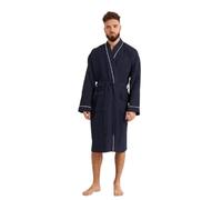 Cotton Trend Mens Navy Blue With White Piped Trim Waffle Dressing Gown 100% Turkish Cotton Lightweight Robe With Kimono Collar Bathrobe Luxury Soft Hotel Quality Knee Length Robe