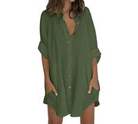 Cotton Tunic Tops for Women UK Summer Long Sleeve Button Down Shirts Ladies Long Top Plain Loose Casual Blouses T-Shirt Beach Holiday Tees Oversized My Orders UK 2025 Green