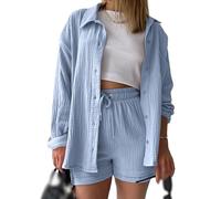 Cotton Two Piece Women's Muslin Pajamas Elegant Leisure Suit Loungewear Leisure Suit Long Sleeve Oversized Blouse with Button Placket and High Waist Shorts with Drawstring Set (Color : Light Blue, S