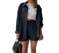 Cotton Two Piece Women's Muslin Pajamas Elegant Leisure Suit Loungewear Leisure Suit Long Sleeve Oversized Blouse with Button Placket and High Waist Shorts with Drawstring Set (Color : Black, Size :