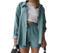 Cotton Two Piece Women's Muslin Pajamas Elegant Leisure Suit Loungewear Leisure Suit Long Sleeve Oversized Blouse with Button Placket and High Waist Shorts with Drawstring Set (Color : Blue, Size :