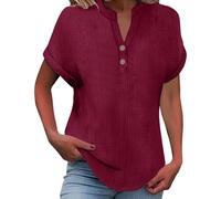 Cotton V-Neck Button Short Sleeve Roll Up Summer Top Tops Loose Breathable Blouse Casual Tee Shirt Women Large Size Shirt Linen Summer Top Fashion Top Base Tops Soft Tunic, Wine, XL