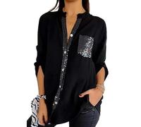 Cotton V-Neck Sequin Mid-Sleeve Casual Tee Shirt, Glitter Sequin Tee, Women Button Up Plus Size Pocket Short Sleeve, Shiny Shirts for Women V Neck Casual Tee Shirt Top (Black, XXL)