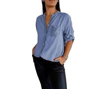 Cotton V-Neck Sequin Mid-Sleeve Casual Tee Shirt Top, Glitter Sequin Tee, Women Plus Size Pocket Short Sleeve, Shiny Shirts for Women V Neck Tee (Light Blue, L)