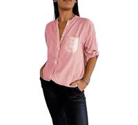 Cotton V-Neck Sequin Mid-Sleeve Casual Tee Shirt Top, Glitter Sequin Tee, Women's Button-Up Plus Size Pocket Short Sleeve, Shiny Shirts for Women V Neck Casual Tee (Pink, L)