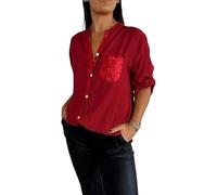 Cotton V-Neck Sequin Mid-Sleeve Casual Tee Shirt Top, Glitter Sequin Tee, Women's Button-Up Plus Size Pocket Short Sleeve, Shiny Shirts for Women V-Neck Casual Tee (Red, L)