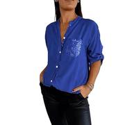 Cotton V-Neck Sequin Mid-Sleeve Casual Tee Shirt Top, Glitter Sequin Tee, Women's Button Up Plus Size Pocket Short Sleeve, Shiny Shirts for Women V-Neck Casual Tee (Dark Blue, M)