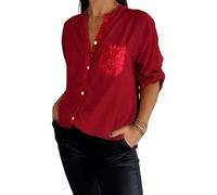 Cotton V-Neck Sequin Mid-Sleeve Casual Top Button Down Long Sleeve Blouses Glitter Sequin Pocket 3/4 Short Sleeve