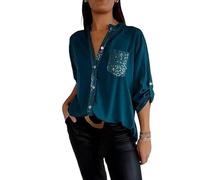 Cotton V-Neck Sequin Mid-Sleeve Casual Top,Glitter Sequin Tee Shirt Top,Women Button Up Plus Size Pocket Short Sleeve,Shiny Shirts for Women V Neck Casual Tee Shirt Top(Dark Green,S)