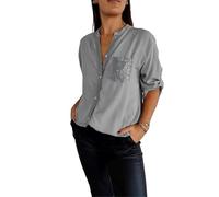 Cotton V-Neck Sequin Mid-Sleeve Casual Top,Glitter Sequin Tee Shirt Top,Women Button Up Plus Size Pocket Short Sleeve,Shiny Shirts for Women V Neck Casual Tee Shirt Top(Gray,XL)