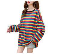 Cotton V Neck T Shirts Women Loose Rainbow Contrast Color Striped Top Long Sleeve T-Shirt V Neck T Shirts Long Sleeve Stretch Top Womens Women Long Holiday Essentials for Women