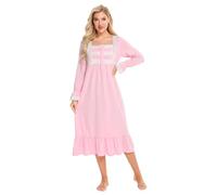 Cotton Victorian Princess Style Nightgown for Ladies Womens Vintage Palace Long Sleeve Pajamas A Pink XXL