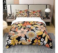 Cotton Vintage 60S 70S Groovy Floral Bedding Set Single,Retro Hippie Flowers Duvet Cover Boho Trippy Style Comforter Cover Natural Garden Botanical Quilt Cover Aesthetic Room Decor for Teen Girls