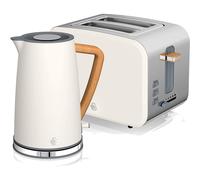 (Cotton White, Kettle & 2 Slice Toaster) Swan Nordic Cotton White Kitchen Set with 1.7 Litre Kettle and 4 Slice Toaster, Wood Effect and Soft Touch Matte Finish, Stainless Steel, STP2091WHTN