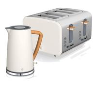 (Cotton White, Kettle & 4 Slice Toaster) Swan Nordic Cotton White Kitchen Set with 1.7 Litre Kettle and 4 Slice Toaster, Wood Effect and Soft Touch Matte Finish, Stainless Steel, STP2091WHTN