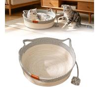 Cotton Woven Cat Bed Basket, Cat Bed with Toy Tail Claw-Proof Woven Cotton Rope Cats Cave, Washable Woven Sleeping Nest Scratcher Beds for Kitten Puppy All Season Universal (Grey-S)