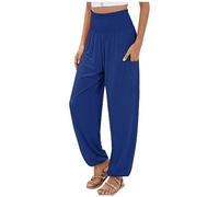 Cotton Yoga Harem Pants for Women Ruffle High Waisted Casual Hippie Clothings Loose Straight Leg Palazzo Lounge Comfy Bohemian Pajama Dance Trousers Beach Indian Gypsy Genie Clothes with Pockets Blue