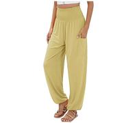 Cotton Yoga Harem Pants for Women Ruffle High Waisted Hippie Casual Loose Straight Leg Palazzo Lounge Comfy Bohemian Pajama Dance Trousers Beach Indian Gypsy Genie Clothes with Pockets Yellow