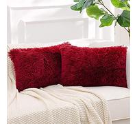 CottonFry Pack of 2 Luxury Fur Shaggy Fluffy Throw Pillow Covers Set Soft Deluxe Decorative Plush Fleece Pillowcases for Cushion Couch Sofa Bedroom Home (12x18, Red)