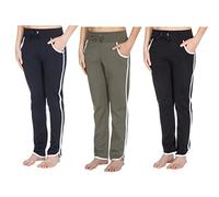 COTTONIQUE Ladies Cotton Stripe Jogging Bottoms with Pockets Black, Navy and Khaki 10
