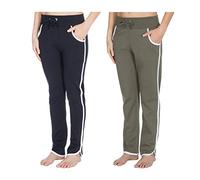 Cottonique Ladies Cotton Stripe Jogging Bottoms with Pockets Khaki and Navy 10