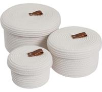 Cottonphant Set of 3 Stylish Round Woven Baskets with Lids - Elegant Storage Solution for Home Decor and Organization - Compact Shelf Baskets (Off White, 10"x6"-8"x5"-6"x4")