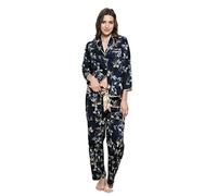 Cottonreal Ladies 100% Cotton Navy Blue & Gold Wild Hibiscus Floral Print Pyjamas PJ Set (XS)