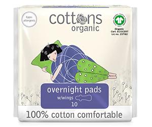 Cottons Overnight Sanitary Pads for Women, 100% Organic Cotton, Hypo-Allergenic, Breathable, Heavy Flow, 10 Count (Pack of 1)