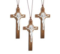 COTTVOTT Wood Catholic Cross Pendant Necklace Christian Crucifix Necklace with Saint Benedict Exorcism Medal Prayer Jesus for Men Women-3pcs Bulk, M, Wood, No Gemstone