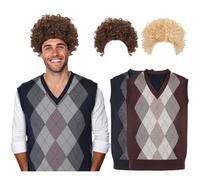 Cotwinter 2 Pcs Halloween Cosplay Costume Set Afro Fluffy Wigs Pullover Knitwear Vests for Men Women Cosplay Disco Hippie, Light Brown, Coffee, Medium