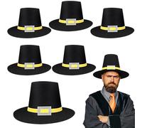 Cotwinter 6 Pcs Felt Pilgrim Hats for Adult Halloween Thanksgiving Black Pilgrim Hat with Buckle Holiday Cosplay Costume Gold Accessory for Men Woman Thanksgiving Party, Cosplay, Theater