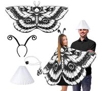 Cotwinter Halloween Moth and Lamp Couple Costume Adult Butterfly Wing Cape with Headband Lampshade for Couple Cosplay Party, Black, White, Moth cape: approx. 67 x 29 inches/ 170 x 73 cm