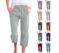 Couawaticy Cropped Linen Trousers for Women Summer Trendy Capri Pants for Women UK 3/4 Length Straight Leg Ladies Trousers Elasticated Waist Drawstring Solid Lounge Pants Joggers Beach Vacation