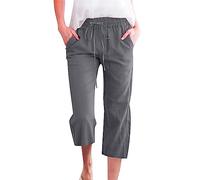 Couawaticy Cropped Linen Trousers for Women Summer Trendy Capri Pants for Women UK 3/4 Length Straight Leg Ladies Trousers Elasticated Waist Drawstring Solid Lounge Pants Joggers Beach Vacation