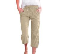 Couawaticy Cropped Linen Trousers for Women Summer Trendy Capri Pants for Women UK 3/4 Length Straight Leg Ladies Trousers Elasticated Waist Drawstring Solid Lounge Pants Joggers Beach Vacation
