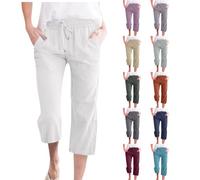 Couawaticy Cropped Linen Trousers for Women Summer Trendy Capri Pants for Women UK 3/4 Length Straight Leg Ladies Trousers Elasticated Waist Drawstring Solid Lounge Pants Joggers Beach Vacation
