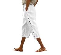 Couawaticy Cropped Trousers Women Linen Trousers Womens Drawstring Elastic Waist Cropped Lightweight Summer Capri Pants with Pockets Casual 3 4 Length Beach Pants for Ladies White-d l