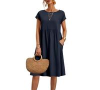 Couawaticy Dresses for Women UK Summer Dresses for Women UK 2025 Causal Short Sleeve Vacation Dress with Pockets Ladies Maxi Printing Dress Party Club Elegant Beach Navy-1 5XL