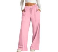 Couawaticy Fleece Joggers Women's Wide Leg Joggers High Waisted Sweatpants with Pockets Straight Leg Tracksuit Bottoms Casual Lounge Pants Yoga Trousers Petite Fit Fleece Lined Pink L