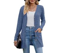 Couawaticy Ladies Cardigan Womens Cardigan Long Sleeve Open Front Cardigans Button Down V Neck Ribbed Knit Lightweight Outerwear with Pocket Blue-a L
