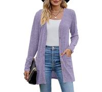 Couawaticy Ladies Cardigan Womens Cardigan Long Sleeve Open Front Cardigans Button Down V Neck Ribbed Knit Lightweight Outerwear with Pocket Purple-a L