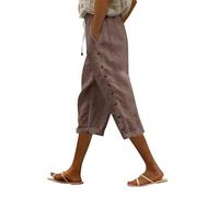 Couawaticy Ladies Summer Trousers Linen Trousers Womens Drawstring Elastic Waist Cropped Lightweight Summer Capri Pants with Pockets Casual 3 4 Length Beach Pants for Ladies Coffee-d XL