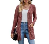 Couawaticy summer jackets for women uk Women's Long Sleeve Ribbed Cardigans for Women, Light Fall Winter Outwear Open Front V Neck Sweater Cardigans with Pockets S-XXL Hot Pink S